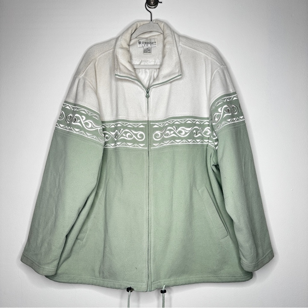 Dressbarn Zip-Up‎ Fleece Jacket - Sage Green & Ivory Nordic Print - Size 2X